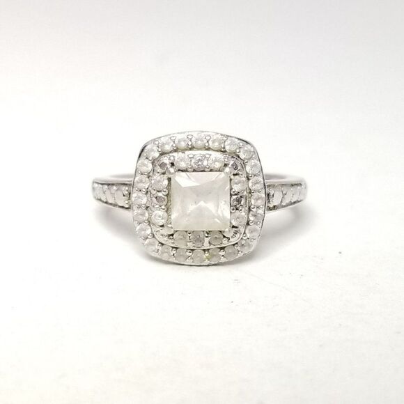 Vintager Sterling Silver Princess Cut Square Rhinestone Double Halo Ring,  6 1/2 - Picture 8 of 8